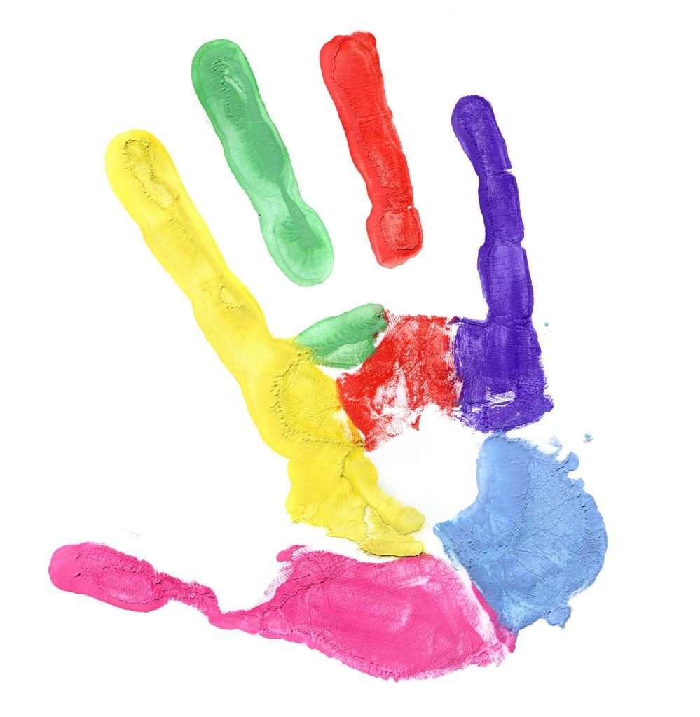 Colored hand print on white background